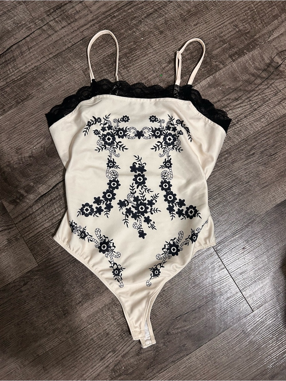 Cider Cream Bodysuit with Black Floral Lace Trim